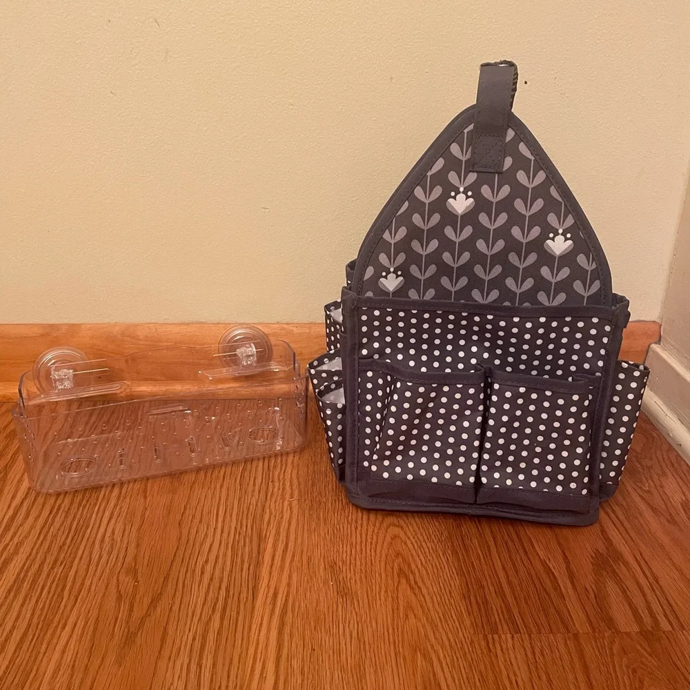 Gray Polka Dot & Floral Organizer Caddy and shower shelf bundled